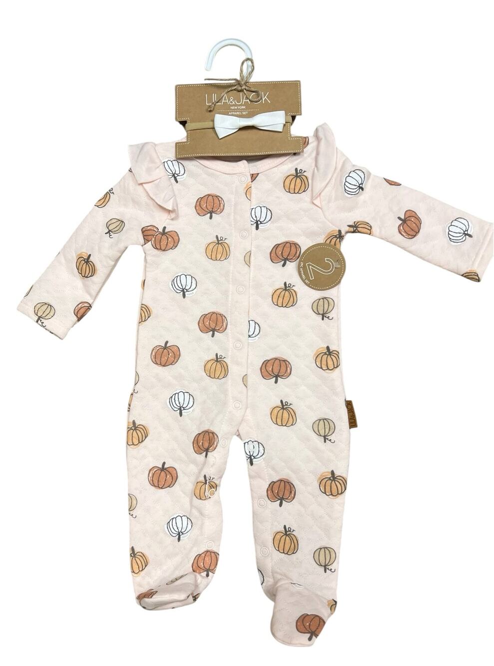 Lila & Jack peach pumpkin patterned baby footie and headband NWT 3-6 months